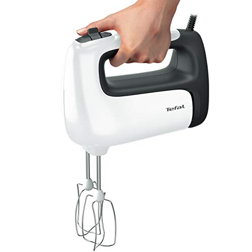 Foto von Tefal Prep'Mix+ Handmixer mit Pürierstab, 500 Watt, Schiebeknopf mit 5 Geschwindigkeiten + Turbo, inkl. Zubehör: 2 Schneebesen/2 Knethaken/Pürierstab/Messbecher, weiß/schwarz, HT4611