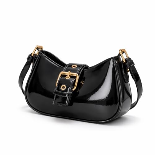 Image of Korean Style Leather Shoulder Bag with Buckle Glossy Finish Crossbody Purse for Daily Use Travel & Shopping Phone Purse with Adjustable Strap Lightweight Trendy Bag for Girls