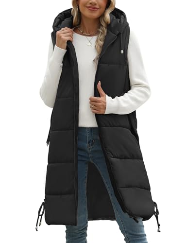 Wiepux Long Womens Puffer Vest Winter Sleeveless Puffy Jacket with Hood Warm Quilted Vest 2025,Black,L