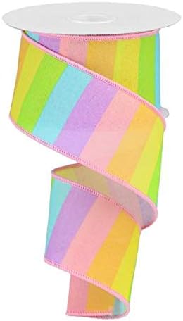 Rainbow Horizontal Stripe Canvas Wired Edge Ribbon - 10 yards (Pastel Multi, 2.5)