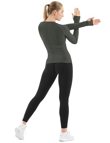 Image of MathCat Seamless Workout Shirts for Women Long Sleeve Yoga Tops Sports Running Shirt Breathable Athletic Top Slim Fit XS-XL Moss Green