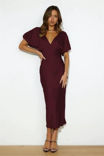 Image of Satin V Neck Puffy Sleeves Silk Midi Dresses Empire Waist Elegant Tie Back Formal Cocktail Dress for Women Wedding Guest Burgundy