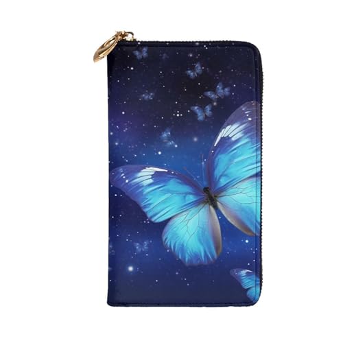 Blue Starry Butterfly Wallet for Men Women Long Purse Leather Clutch Large Business Handbag Travel Phone Holder Credit Card Holder Money Case with Zipper Leather Wallets Gift2