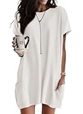 Picture of Dokotoo Casual Dresses for Women Short Sleeve T Shirt Dresses Jersey Boho Loose Flowy Tunic Mini Dresses with Pockets Beach Vacation Clothes White Dress M