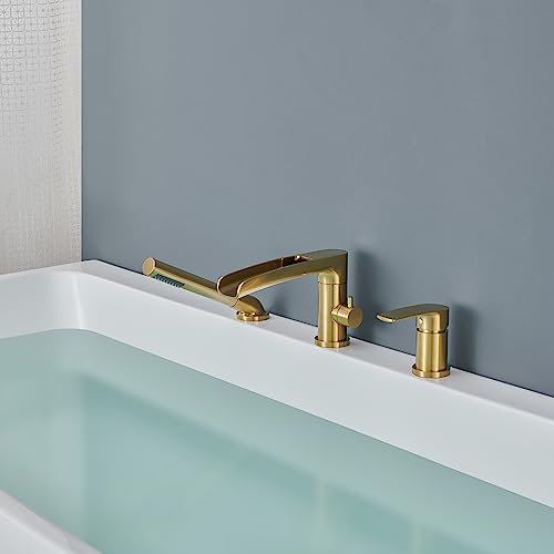 Wowkk Waterfall Roman Tub Faucet Brushed Gold Deck Mount Bathtub Faucets Brass Tub Filler Bathroom Faucets With Hand Shower #TOP7