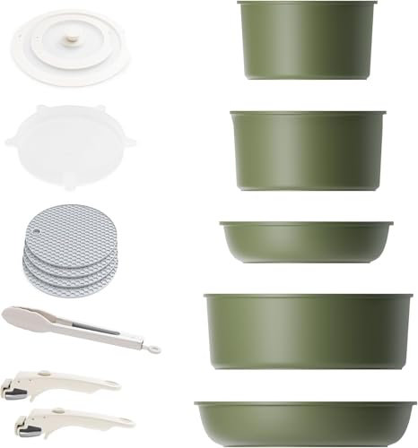 Image of Caannasweis Detachable Nonstick Cookware Set - Stackable Induction Pots and Pans With Removable Handles, Dishwasher Safe - For RV Camping, Oven and Stovetop Use, 5 Pieces (Green)