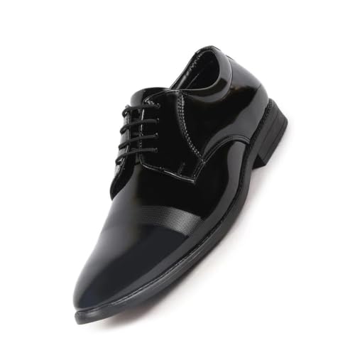 Image of FAUSTO Men's Patent Leather Party Formal Textured Strip Lace Up Shoes