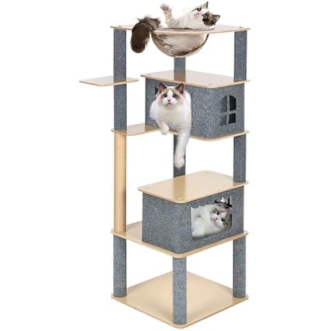 LOOBMBNS Cat Tree Tower Tall 54" H for Small Cats and Large Cats with Condos, Hammock, Scratching Post, Jumping Platform, Grey Cover