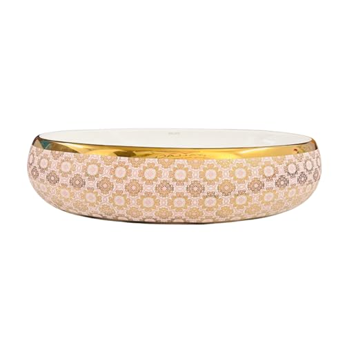 Image of Wallace Luxury Oval Table Top Wash Basin 60x40x15 cm | Blush Royale Gold Pattern Ceramic Countertop Vessel Sink | Premium Vanity Basin for Bathroom, Hotel & Modern Interiors
