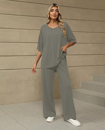 Image of KevaMolly 2 Piece Lounge Set for Women Postpartum Oversized Tops and Wide Leg Pants Soft Comfy Pajamas Set 2 Piece Outfits