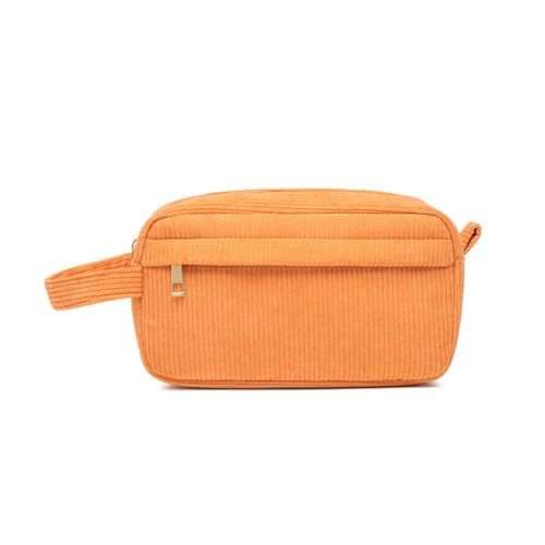 Trousse de Maquillage en Velours côtelé orange à grande capacité avec poignée de transport
