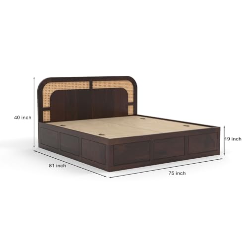 Image of Sheesham Wood Cane Bed with Box Storage for Bedroom | King Size Wooden Double Bed Palang with Curved Rattan Headboard (Walnut Finish)