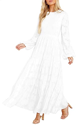 MITILLY Women's Elegant Floral Long Sleeve Round Neck Smocked A-Line Flowy Tiered Maxi Dress with Pockets