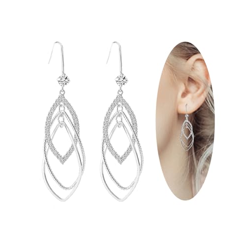 Sterling Silver Teardrop Dangle Earrings for Women,14k Gold Plated Double Linear Drop Hoop Diamonds Earrings