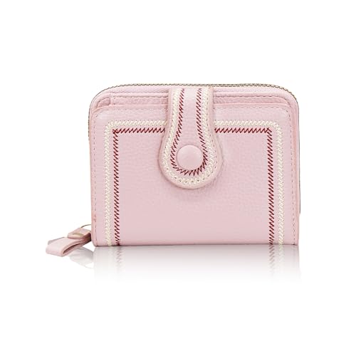 Women Card Wallets, Leather Small Wallet for Women Vintage Fashion Credit Card Holder with Zipper Pocket (Pink)