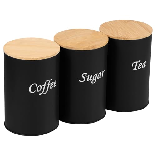 KarHoeGern 3 Pcs Food Canisters Sets with Bamboo Lid Airtight Iron Coffee Tea Sugar Container Set for Kitchen Countertop Coffee Bar Decorative Canisters Farmhouse Canister Jars(black)