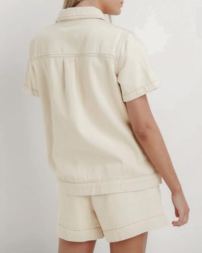 Image of Kedera Summer Denim Set for Women 2 piece Casual Short Sleeve Boxy Shirt Tops and Shorts Pants Lounge Sets Outfits