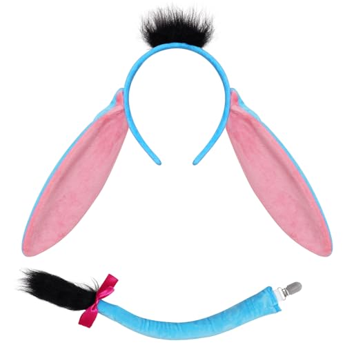 Pistha Donkey Costume Accessory Set Donkey Ears Headband and Tail Cute Donkey Costume Kit for Birthday and Halloween Cosplay