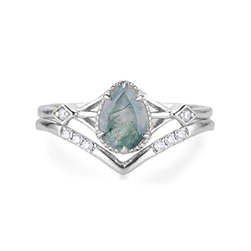YDD 0.75CT Natural Pear Shaped Moss Agate & Moissanite Engagement Ring Set for Women 925 Sterling Silver 10k/14k/18k Rose White Gold Unique Vintage Green Moss Bridal Set 2pcs Wedding Anniversary2