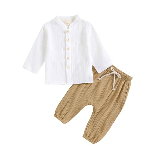 JiAmy Baby Jungen Kleidung Sommer Langarm Baumwolle Leinen Shirt Top+ Hose Sommer Herbst Zweiteiler Outfit Kleinkind Weiche Einfarbige Babykleidung für 12-18 Months Braun