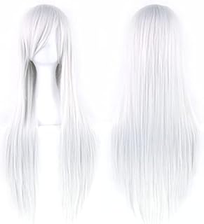 IMISSU Pelucas de Cosplay de pelo Natural liso de 80cm de largo con flequillo, peluca colorida de fiesta de disfraces de Halloween para niña (Blanco plateado)