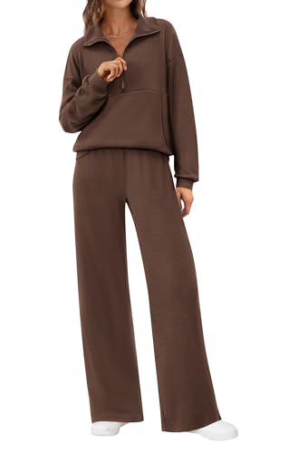 BTFBM Womens 2 Piece Sweatsuits Set Long Sleeve Half Zip Pullover Sweatshirt Wide Leg Sweatpants Fall Outfits Tracksuit