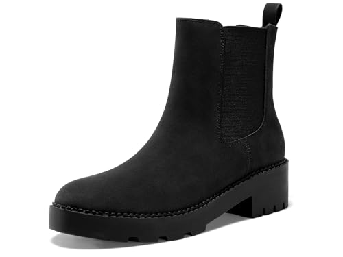 Coutgo Womens Platform Chunky Low Heel Slip on Chelsea Boots Suede Elastic Ankle Boots2