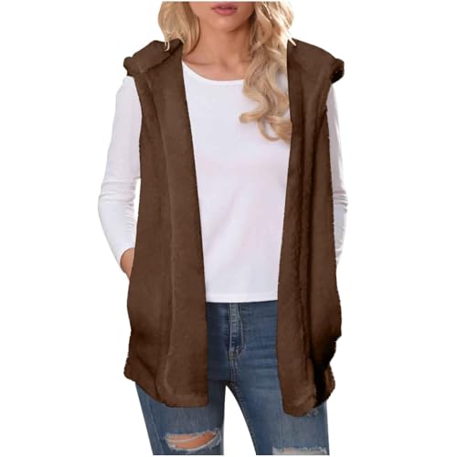 HGps8w Fuzzy Fleece Hoodie Vest for Women Sleeveless Open Front Cardigans Jacket Mid-Long Cozy Warm Outerwear with Pockets3