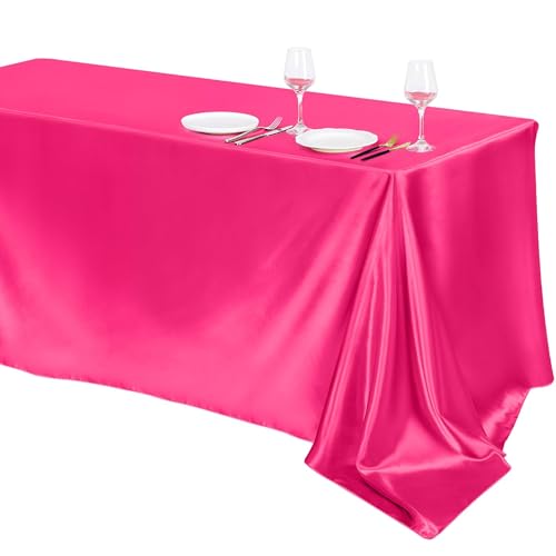 Image of TURSTIN 1 Pack Hot Pink Satin Tablecloth 102 x 58 Inch Overlay Satin Table Cover Rectangle Bright Silk Tablecloth Smooth Fabric Table Decoration for Wedding Banquet Party Events