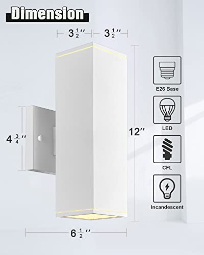 Ken & Ricky Outdoor Wall Lights, Modern Exterior Up And Down Wall Sconces, Square Porch Lights Outdoor Wall With Sanded White Finish - 2 Pack #TOP2