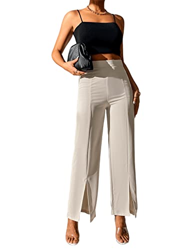 SweatyRocks Women's Elegant High Waisted Split Hem Long Pants Straight Leg Zipper Fly Work Office Trousers4