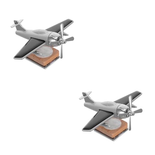 Image of Homoyoyo Solar Airplane Car Diffuser: 2Pcs Silver, Unscented, Car Freshener, Wooden Base Fragrance Diffuser, Alloy Solar Energy Rotate Airplane Ornaments for Office Home Decor 3.93 x 3.73 x 3.73 inch
