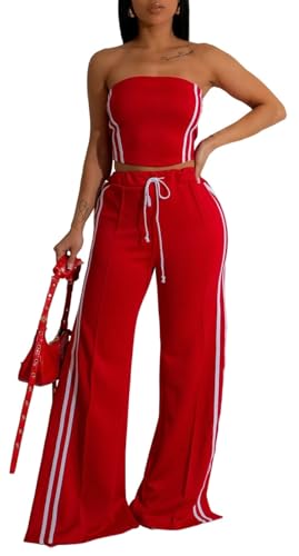 Lingt Chic Women's 2 Piece Summer Outfits Strapless Striped Crop