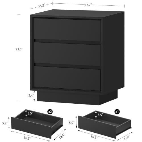 Image of TEENFON Nightstands Set of 2, Night Stand with 3 Drawers, Nightstand Side Table with Cut-Out Handle, Bedside End Table for Bedroom, Black, 17.7″ L x 15.7″ W x 23.6″ H