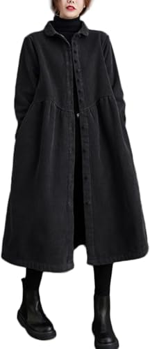 Suncadmious Langer Cordmantel für Damen im Frühling mit Knöpfen und Seitentaschen Trenchcoat gepolstert, Lange Ärmel Vintage lockeres Cordkleid...