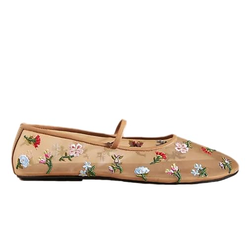 Mesh Ballet Flats for Women Embroidered Floral Mary Jane Flats Comfortable Casual Daily Dress Ballerina Shoes
