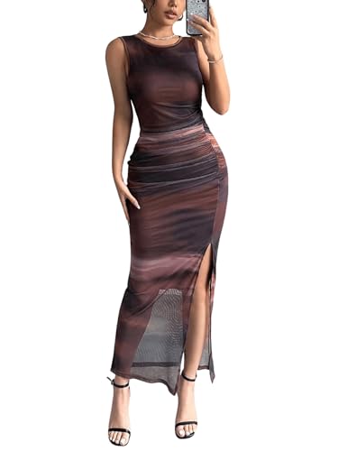 GORGLITTER Women's Tie Dye Mesh Bodycon Dress Ruched Split Thigh Party Maxi Dresses