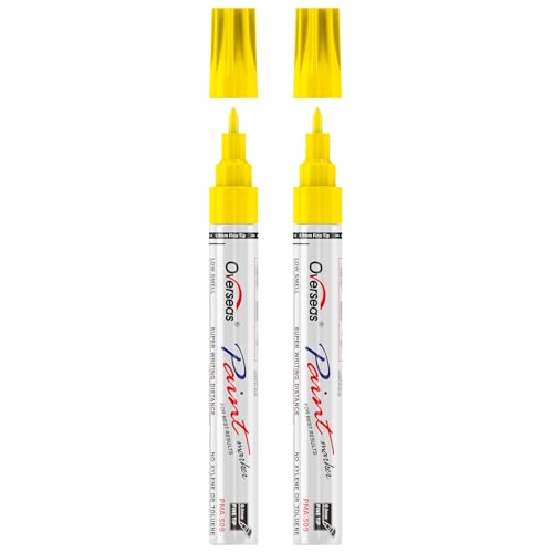 Overseas Oil-Based Fine Tip Paint Marker Pen - 2 Pack Yellow 0.9mm Fine Nib Permanent Markers Quick Dry Waterproof Fade Resistant Paint Pens for Metal Wood Rock Plastic Ceramics Rubber Glass
