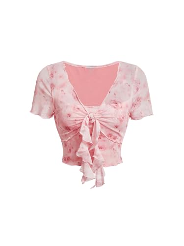 GORGLITTER Damen Bauchfreies Oberteil Crop Top Kurzarmshirt V Ausschnitt...