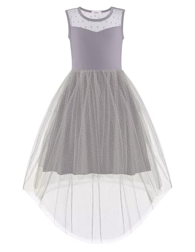 Image of Arshiner Girls Dresses Formal Party Wedding Tulle Sleeveless Contrast Mesh High Low Dress with Belt