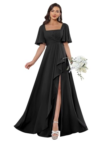 Square Neck Flutter Sleeve Bridesmaid Dresses for Women Long Slit A Line Chiffon Formal Evening Gown