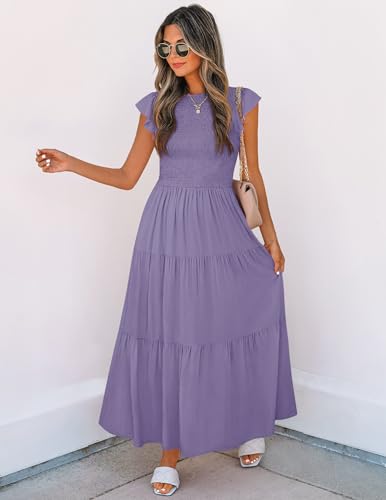 ZESICA Women's 2025 Summer Casual Flutter Short Sleeve Crew Neck Smocked Elastic Waist Tiered Midi Dress - Image 6