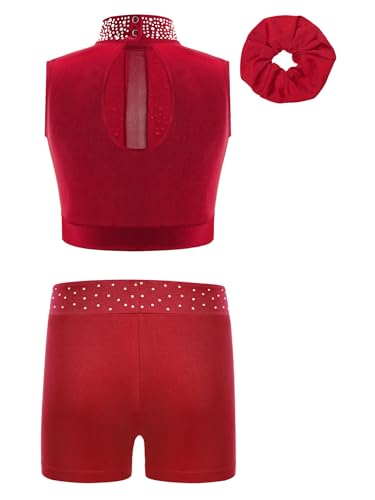 renvena Kids Girls Gymnastics Dance Tracksuit Sleeveless Rhinestones Crop Tops Athletic Shorts and Hair Set Outfits2