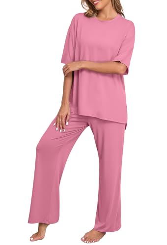 Image of PrinStory Womens Pajamas Sets 2 Piece Lounge Set Short Sleeve Tops and Long Pants Soft Pjs Loungewear with Pockets