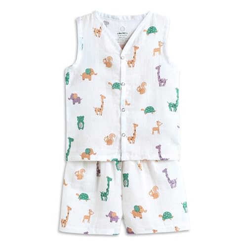 Image of The Boo Boo Club Muslin Jhabla and Short Set 100% GOTS Certified Organic Cotton | Sleeveless Button Vest | Summer Wear Set
