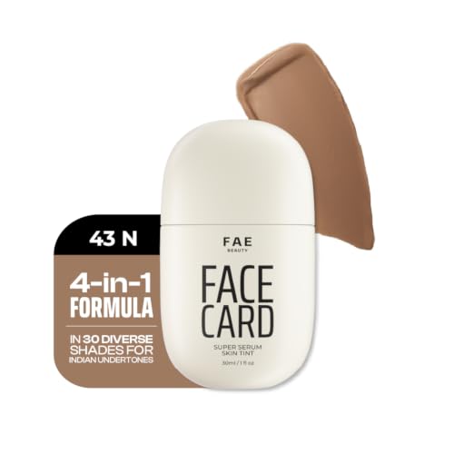 Image of FAE Beauty Face Card 4-in-1 Super Serum Skin Tint | Hydrates, Primes, Provides Coverage & Protects with SPF | Lightweight, Dewy Finish | 30 Shades for Indian Skin Tones | Shade - 43N - Neutral