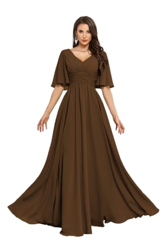 Chiffon Pleated Long Bridesmaid Dresses for Women Floral Flutter Sleeve Matron of Honor Dress
