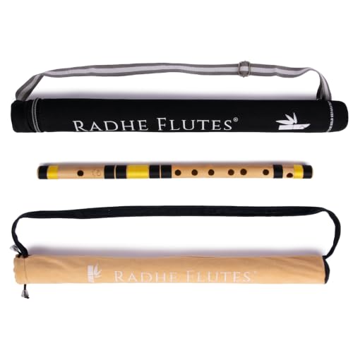 Image of Radhe Flutes Bamboo Bansuri C Sharp Right Handed Middle Octave (18 inch) With Hard Cover (Beige Flute With Black & Yellow Threads)