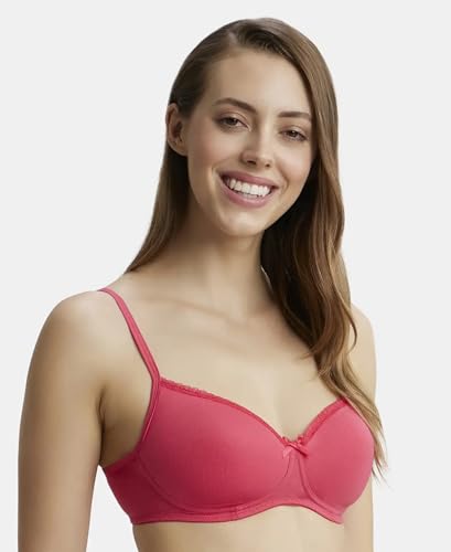 Image of Jockey 1723 Women Wirefree Padded Super Combed Cotton Elastane Stretch Medium Coverage T-Shirt Bra with Lace Styling