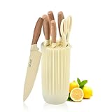 Justup Messerset, Küchenmesser Set Profi Messerset mit Block, 6-tlg Messerblock mit Messer, Edelstahl Küchenmesser Scharfe Set, Kochmesser Set (Beige)